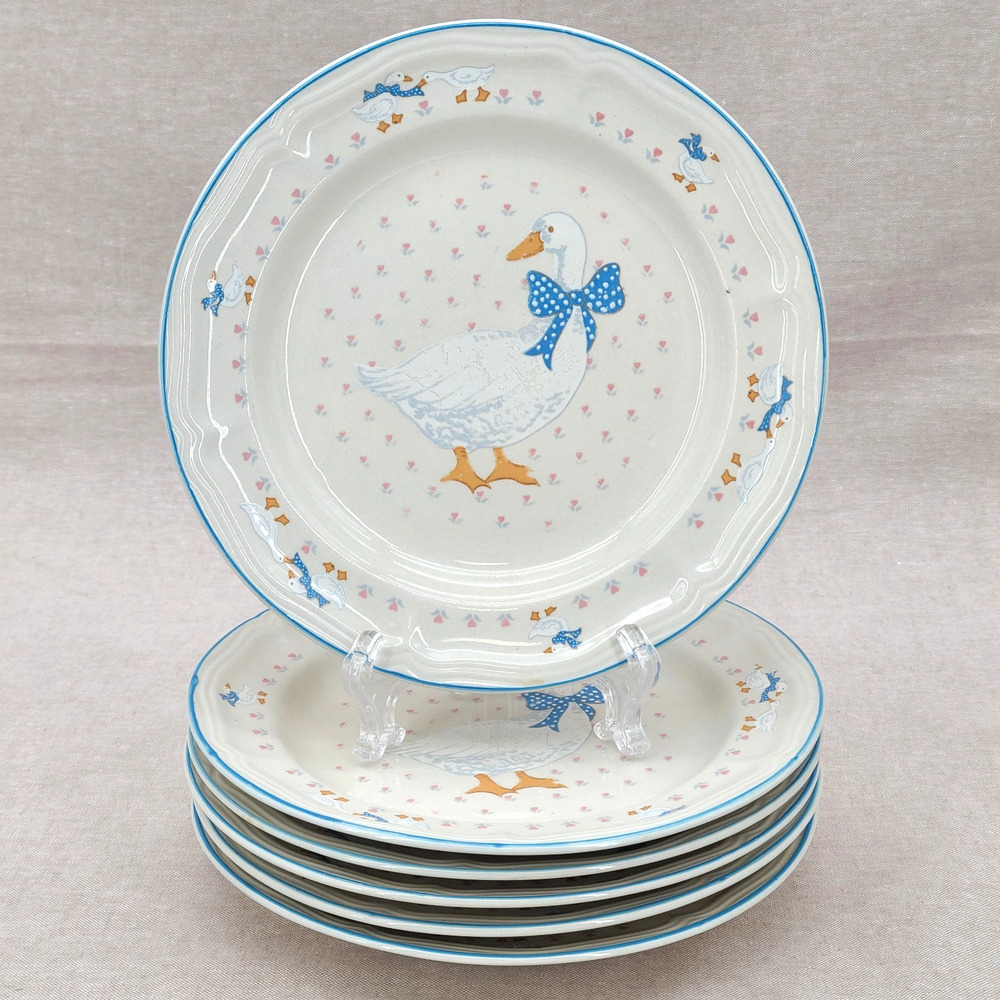 VTG Aunt Rhody Blue Bow Country Goose Set Of 6 Salad Plates Brickoven Stoneware